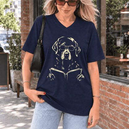 Labrador Retriever Reading Book Ultra-Soft V-Neck | Dog Mom Reader Gift Navy