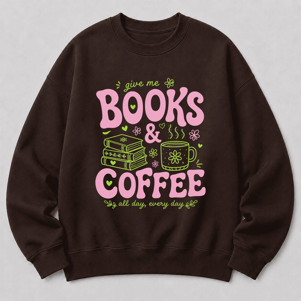 Books and Coffee Crewneck Sweatshirt | Reader Gift Dark Chocolate