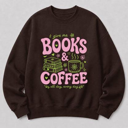 Books and Coffee Crewneck Sweatshirt | Reader Gift Dark Chocolate
