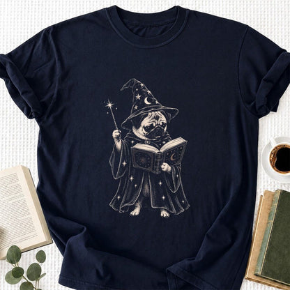 Cute Pug Witch Reading Book Printed T-Shirt | Halloween Book & Dog Lover Gift Navy