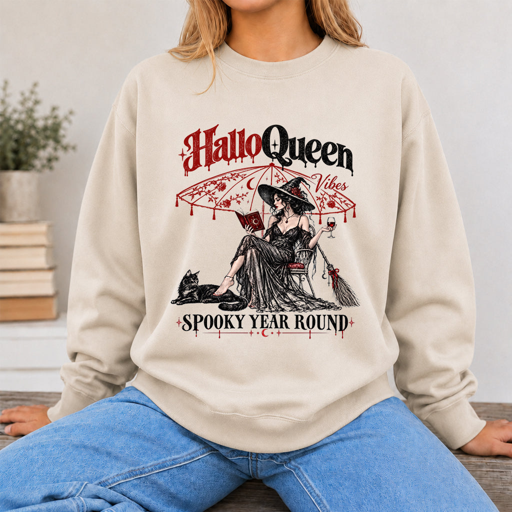 Halloqueen Spooky Year Round Printed Sweatshirt | Spooky Book Lover Gift Sand