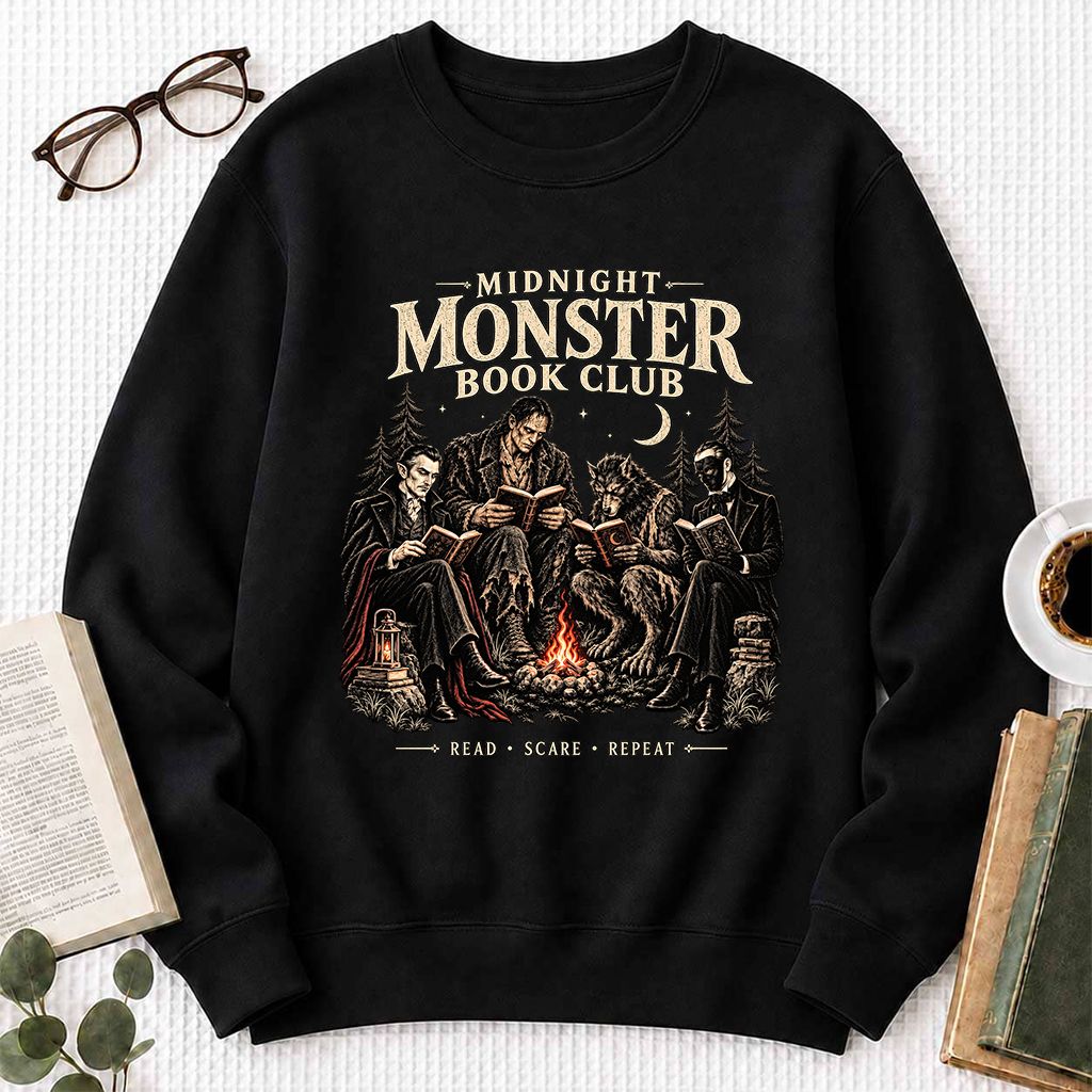 Midnight Monster Book Club Printed Sweatshirt | Halloween Book Lover Gift Black