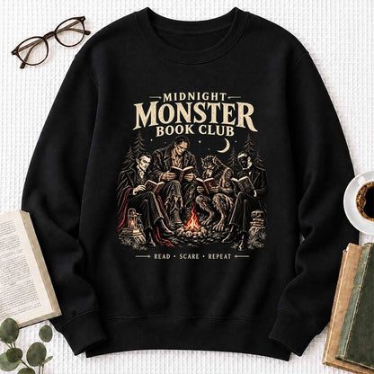 Midnight Monster Book Club Printed Sweatshirt | Halloween Book Lover Gift Black
