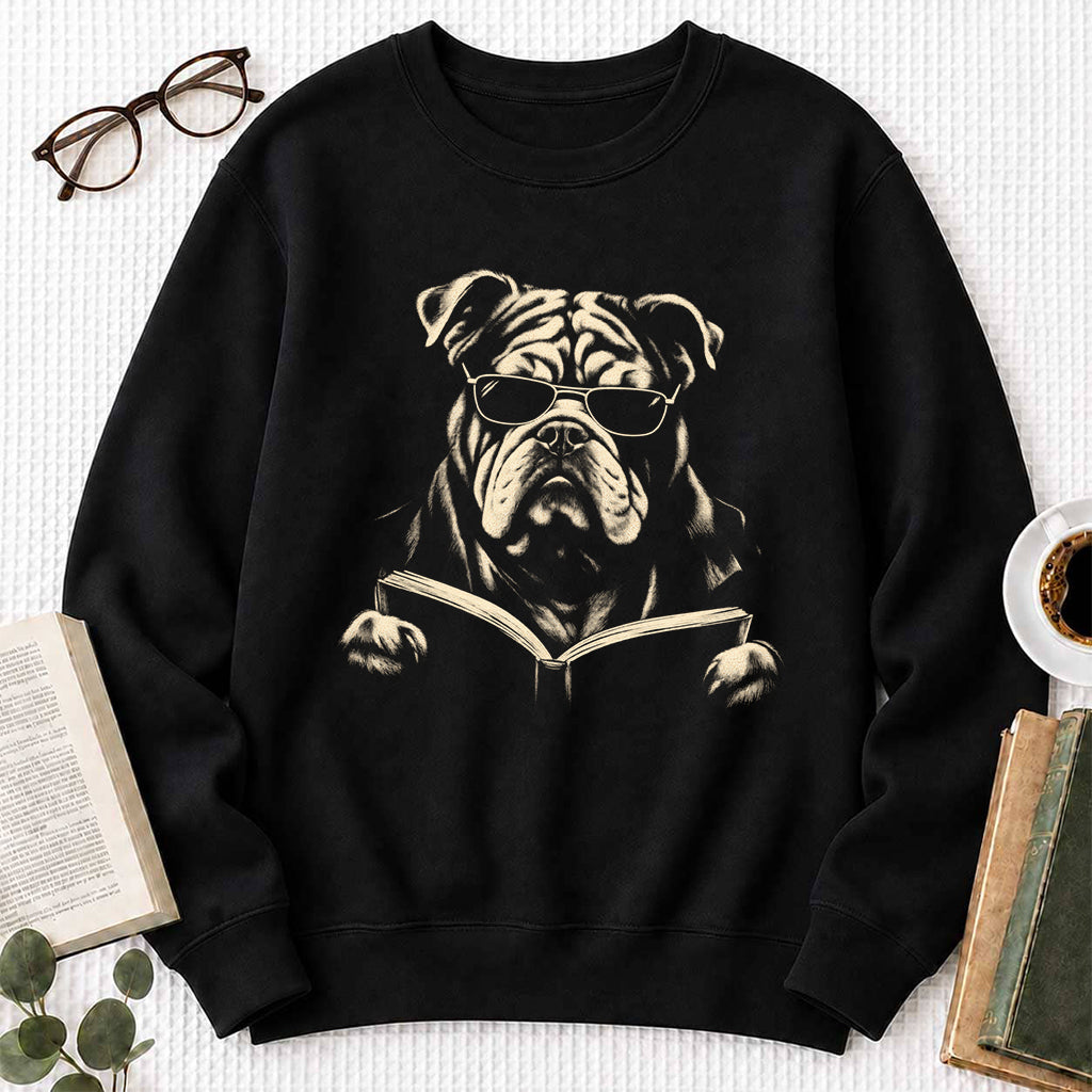 Bulldog Reading Book Crewneck Sweatshirt | Reader Gift Black