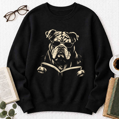 Bulldog Reading Book Crewneck Sweatshirt | Reader Gift Black