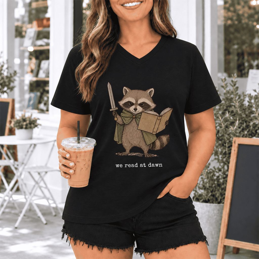 We Read At Dawn Funny Racoon Ultra-Soft V-Neck | Cozy Book Lover Gift Black
