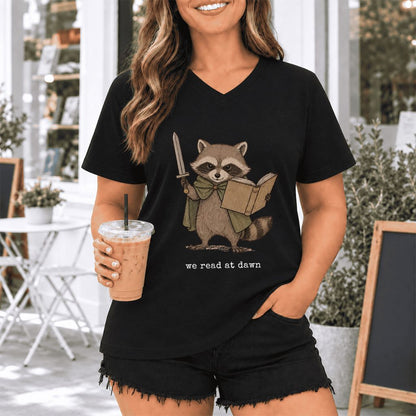 We Read At Dawn Funny Racoon Ultra-Soft V-Neck | Cozy Book Lover Gift Black