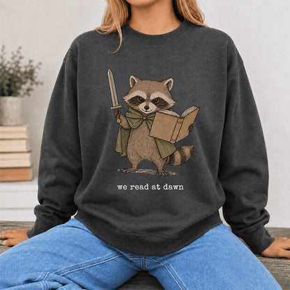 Raccoon We Read At Dawn Crewneck Sweatshirt | Reader Gift Dark Heather