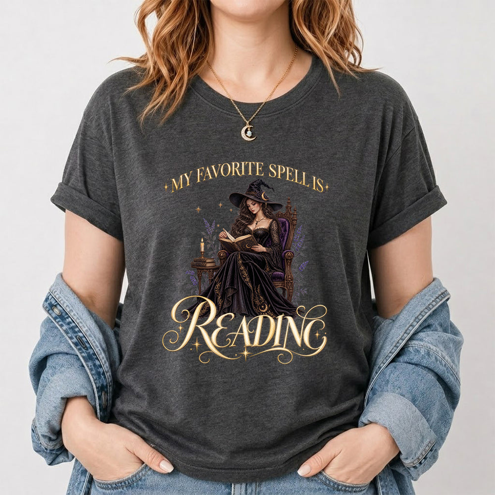 My Favorite Spell Is Reading Printed T-Shirt | Halloween Fantasy Book Lover Gift Dark Heather