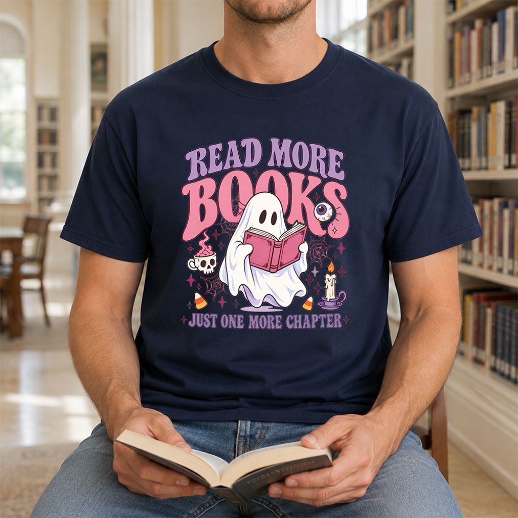 Read More Books Ghost Printed T-Shirt | Halloween Book Lover Gift Navy