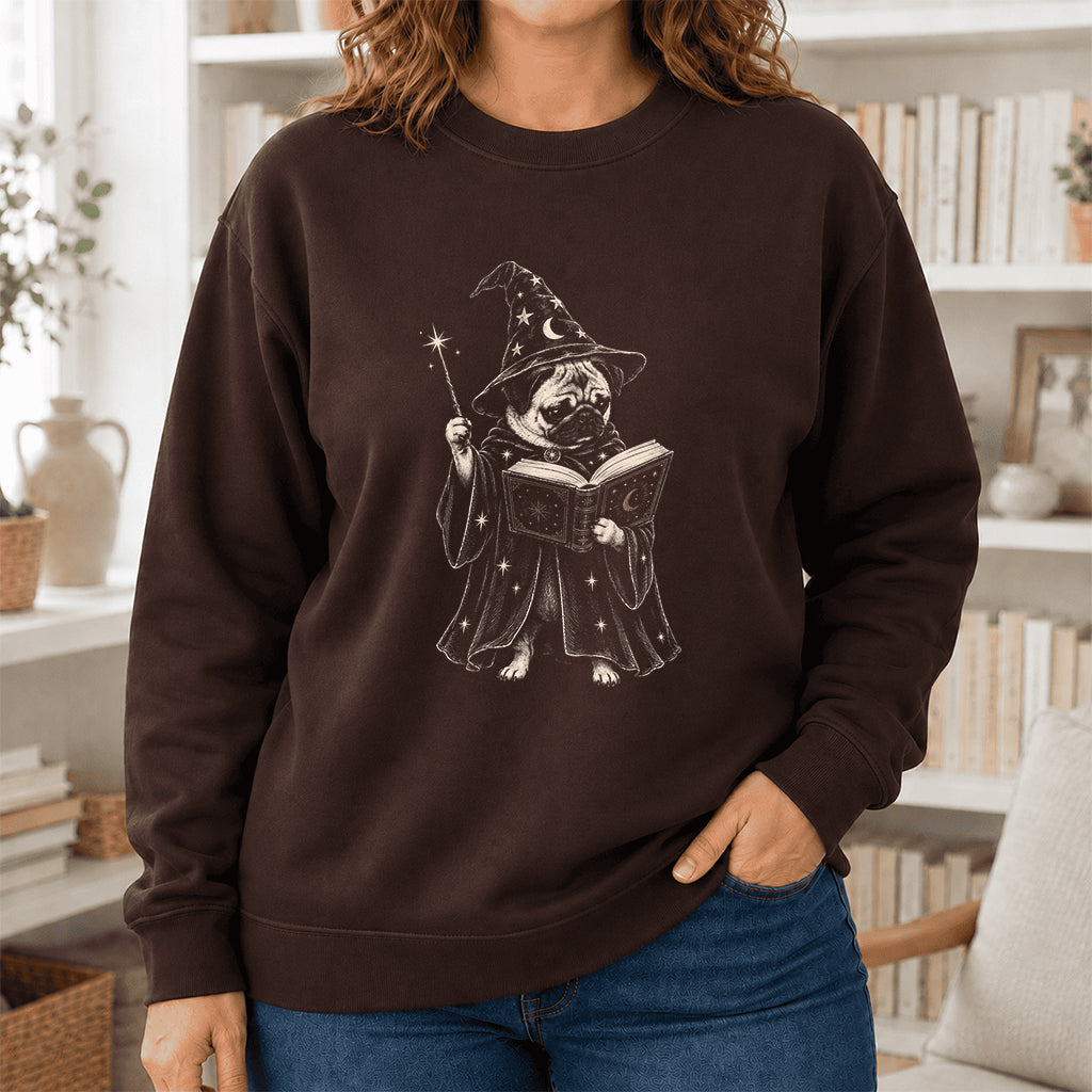 Cute Pug Witch Reading Book Printed Sweatshirt | Halloween Book Lover Gift Dark Chocolate