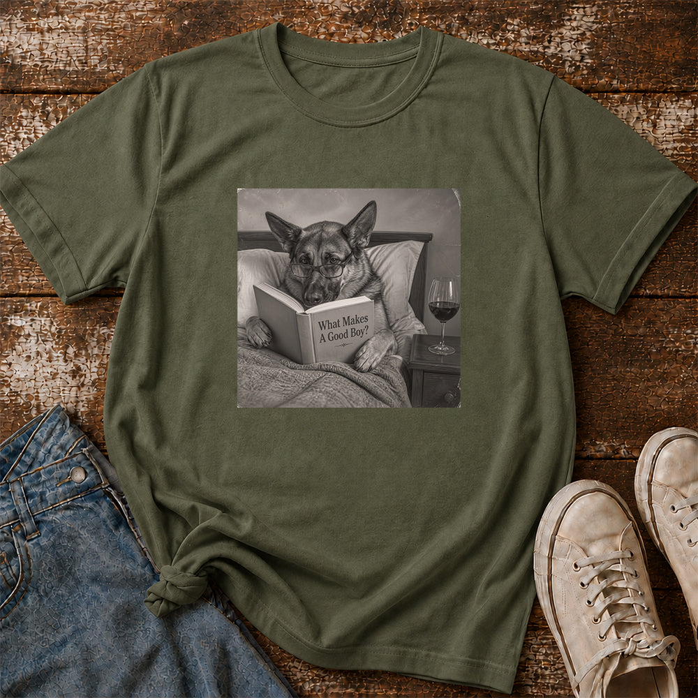 What Makes A Good Boy Printed T-Shirt | Cozy German Shepherd Mom Reader Gift Military Green