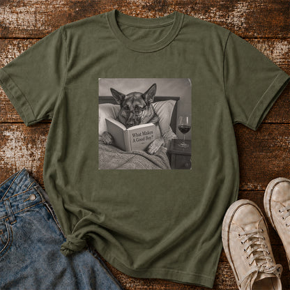 What Makes A Good Boy Printed T-Shirt | Cozy German Shepherd Mom Reader Gift Military Green