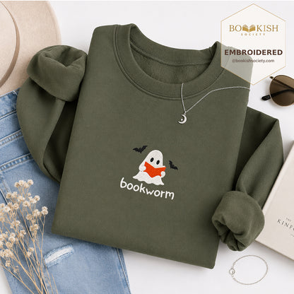 Bookworm Embroidered Sweatshirt | Halloween Book Lover Gift Military Green