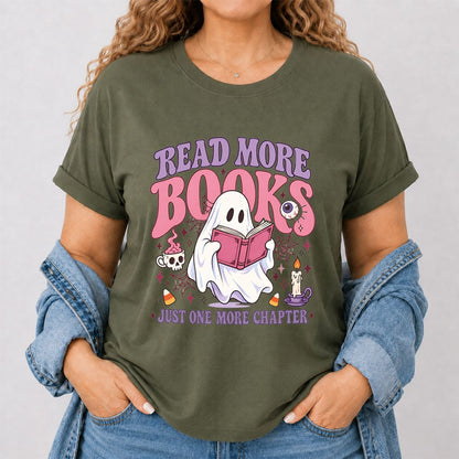 Read More Books Ghost Printed T-Shirt | Halloween Book Lover Gift Military Green