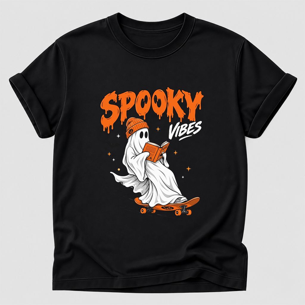 Spooky Vibes Printed T-Shirt | Halloween Book Lover Gift Black