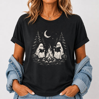 Camping Reading Ghosts Printed T-Shirt | Spooky Book Lover Gift Black