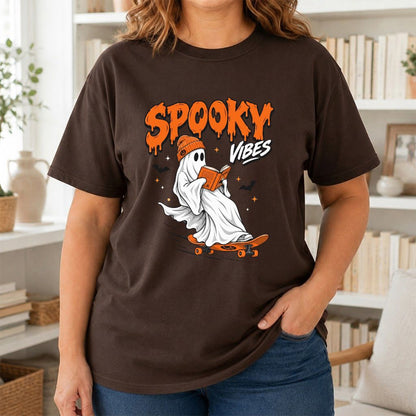 Spooky Vibes Printed T-Shirt | Halloween Book Lover Gift Dark Chocolate