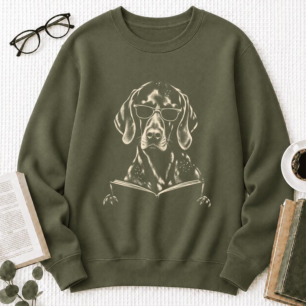 German Shorthaired Pointer Reading Book Crewneck Sweatshirt | Reader Gift Military Green