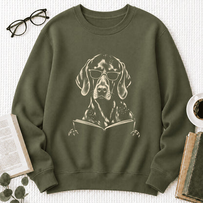 German Shorthaired Pointer Reading Book Crewneck Sweatshirt | Reader Gift Military Green