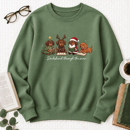 Dachshund Through The Snow Softstyle Sweatshirt | Christmas Book Lover Gift Military Green