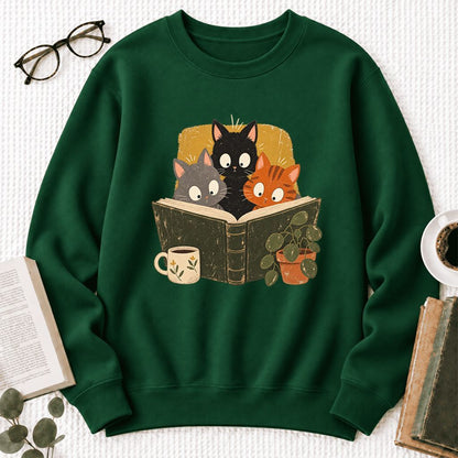 Curious Reading Cats Softstyle Sweatshirt | Cozy Book Lover Gift Forest Green