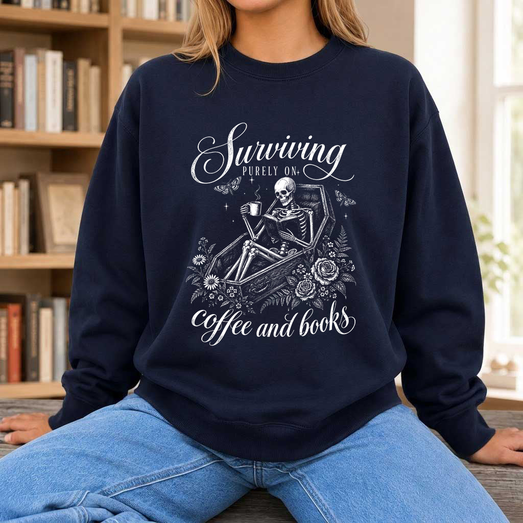 Surviving Purely On Coffee And Books Printed Sweatshirt | Halloween Reader Gift Navy