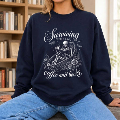 Surviving Purely On Coffee And Books Printed Sweatshirt | Halloween Reader Gift Navy