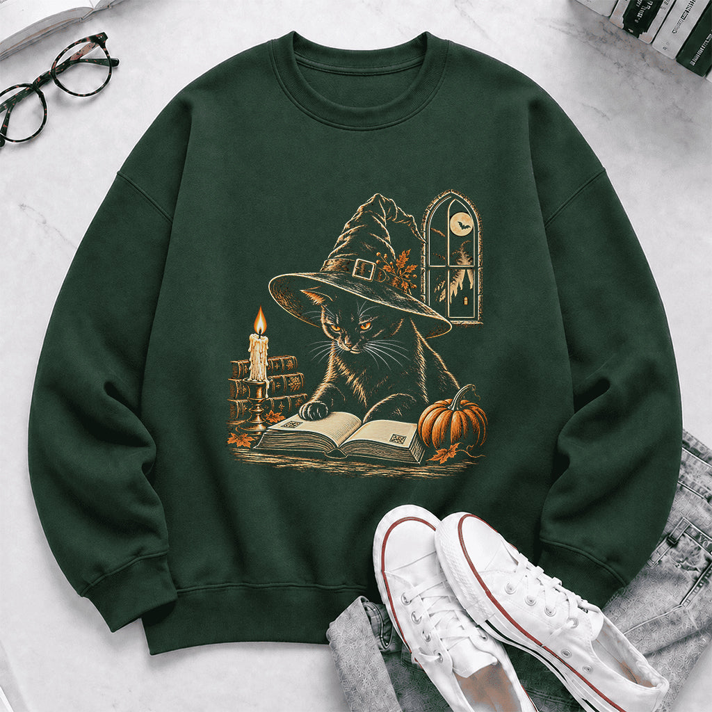 Reading Black Cat Witch Printed Sweatshirt | Halloween Book Lover Gift Forest Green