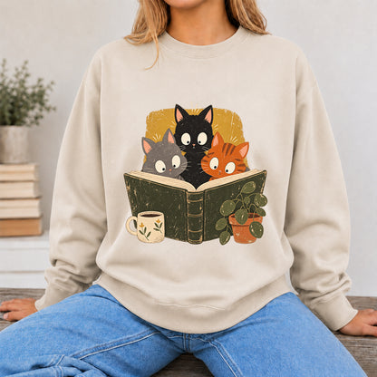 Minimal Japanese Cats Reading Crewneck Sweatshirt | Reader Gift Sand