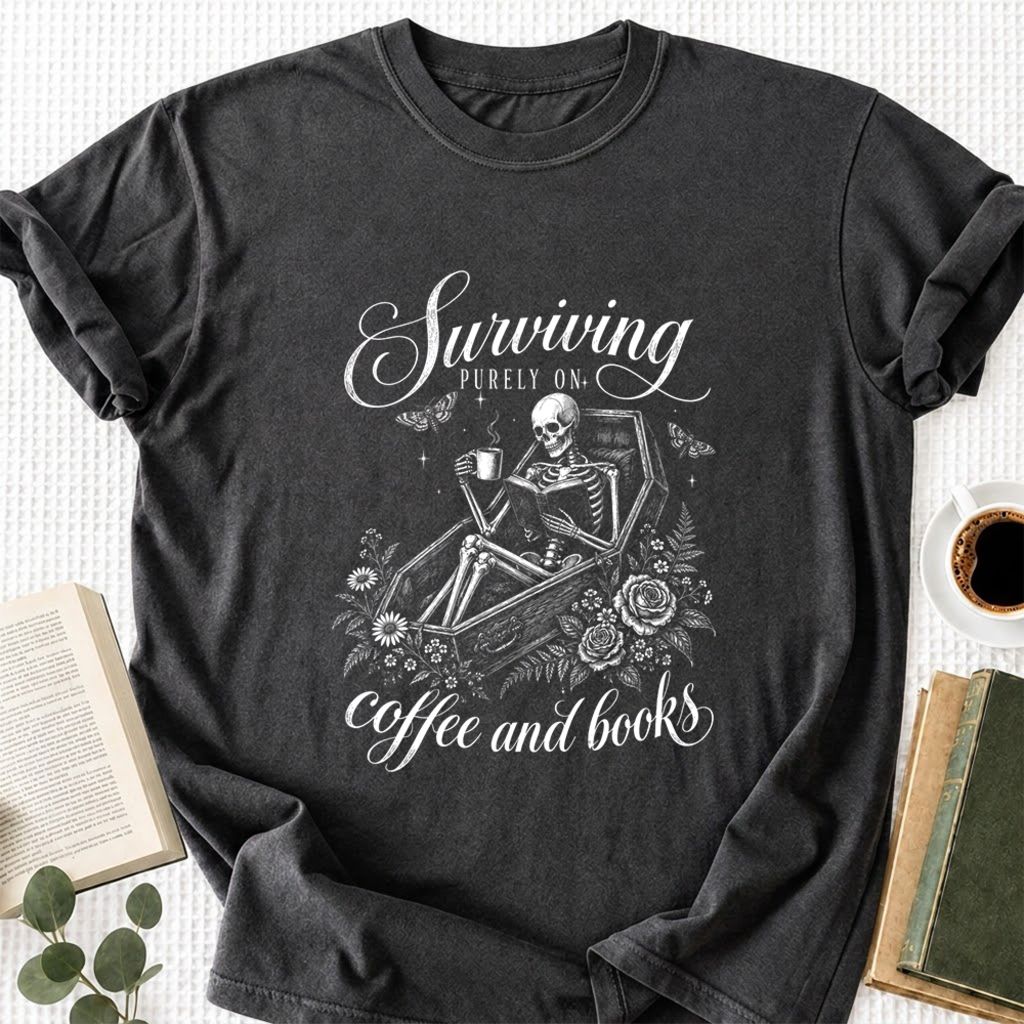 Surviving Purely On Coffee And Books Printed T-Shirt | Halloween Book Lover Gift Dark Heather
