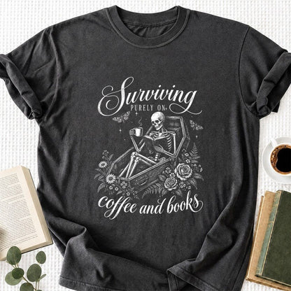 Surviving Purely On Coffee And Books Printed T-Shirt | Halloween Book Lover Gift Dark Heather