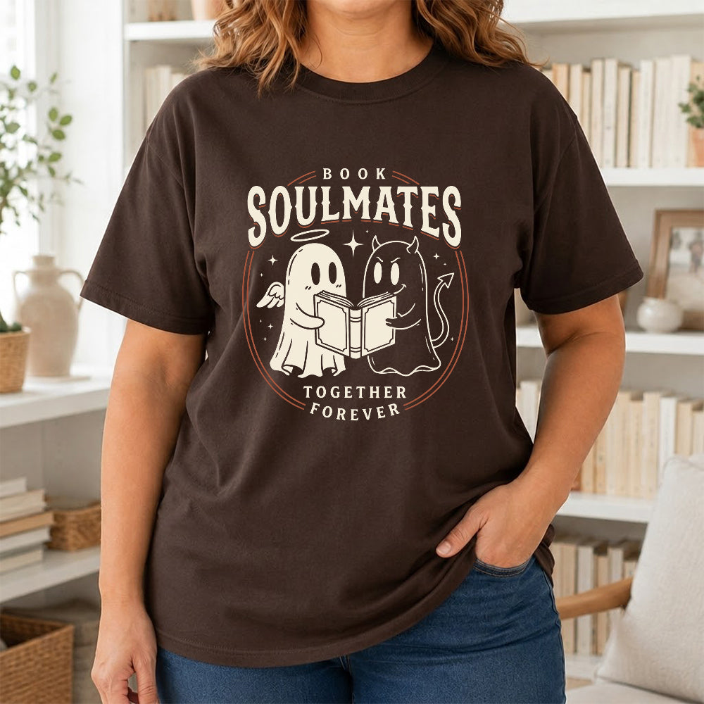 Book Soulmates Together Forever Printed T-Shirt | Halloween Book Lover Gift Dark Chocolate