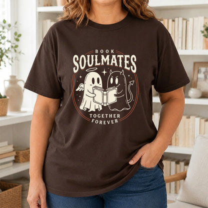 Book Soulmates Together Forever Printed T-Shirt | Halloween Book Lover Gift Dark Chocolate