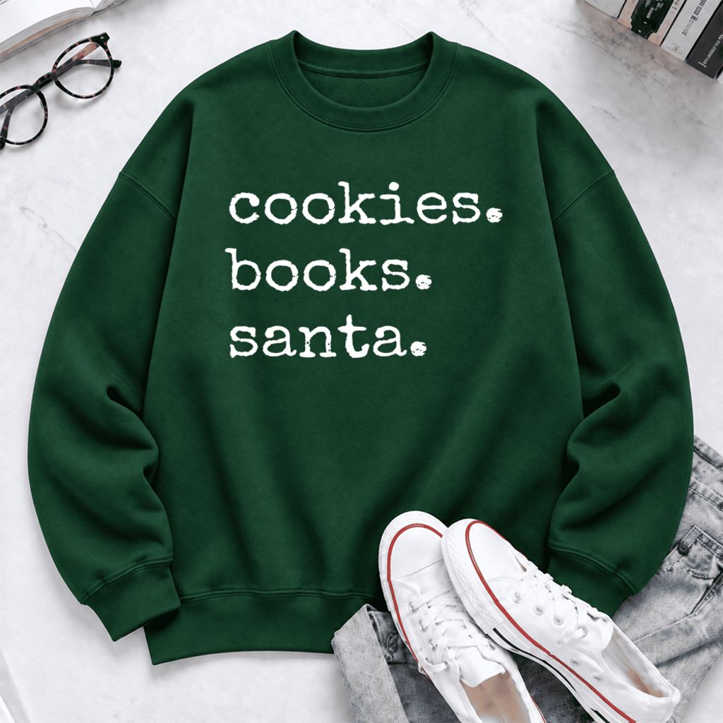 Cookies Books Santa Softstyle Sweatshirt | Christmas Book Lover Gift Forest Green