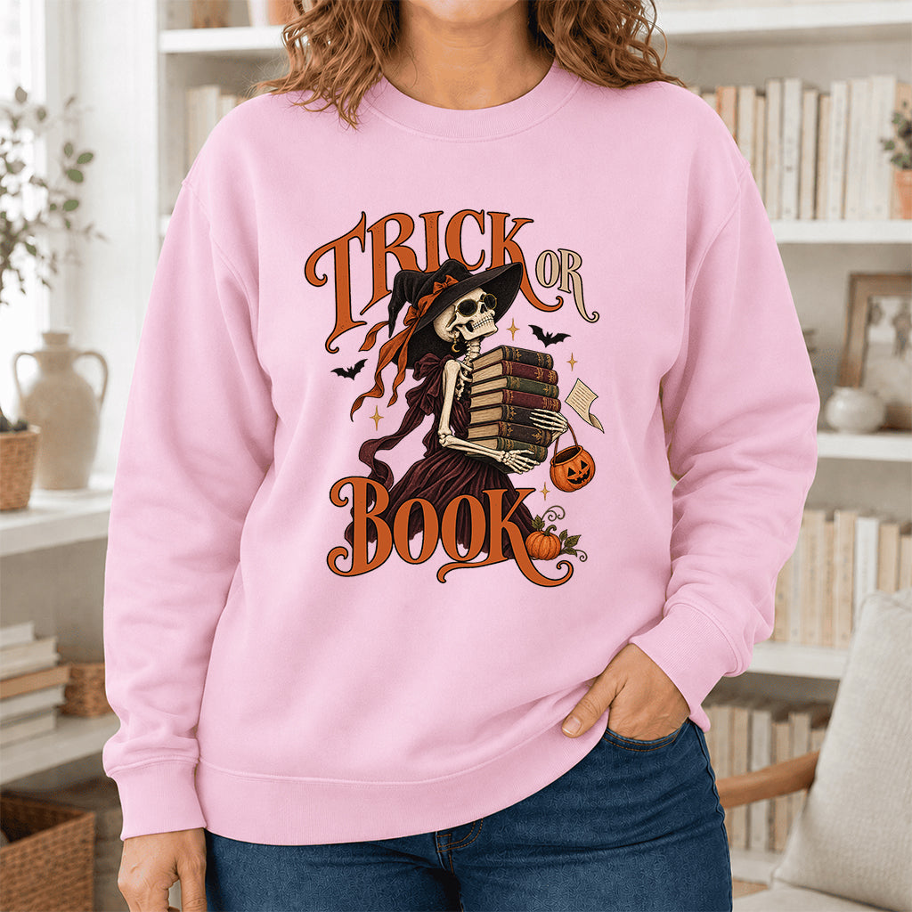 Trick Or Book Printed Sweatshirt | Halloween Book Lover Gift Light Pink