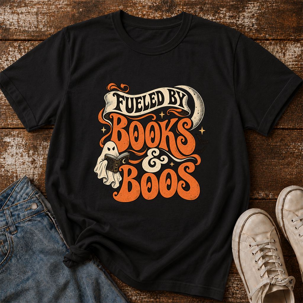 Fueled By Books & Boos Printed T-Shirt | Halloween Book Lover Gift Black