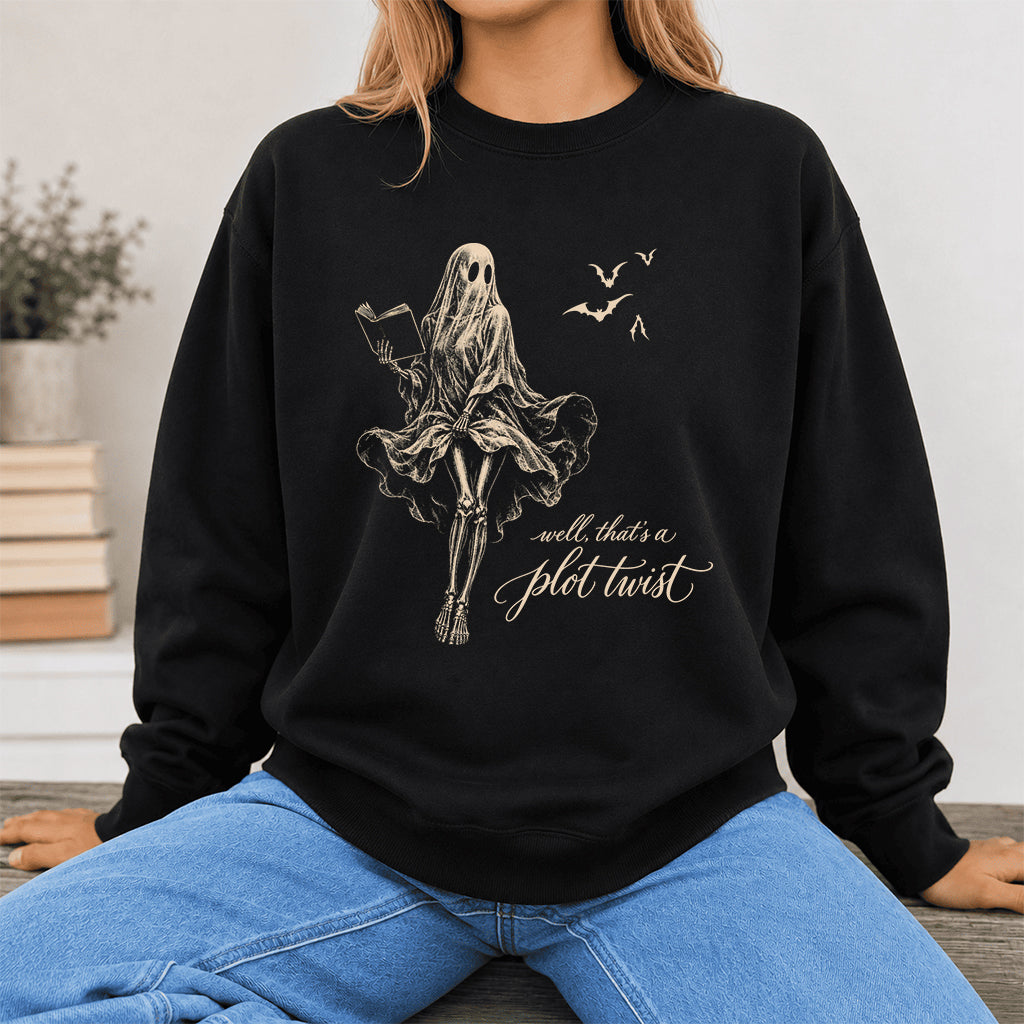 Funny Dress-Wearing Bookworm Ghost Printed Sweatshirt | Halloween Reader Gift Black
