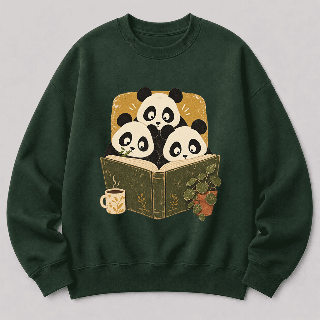 Curious Pandas Reading Crewneck Sweatshirt | Panda Lover & Reader Gift Forest Green