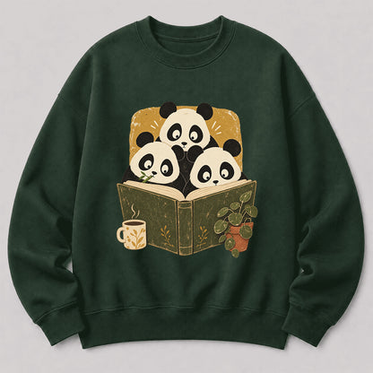 Curious Pandas Reading Crewneck Sweatshirt | Panda Lover & Reader Gift Forest Green