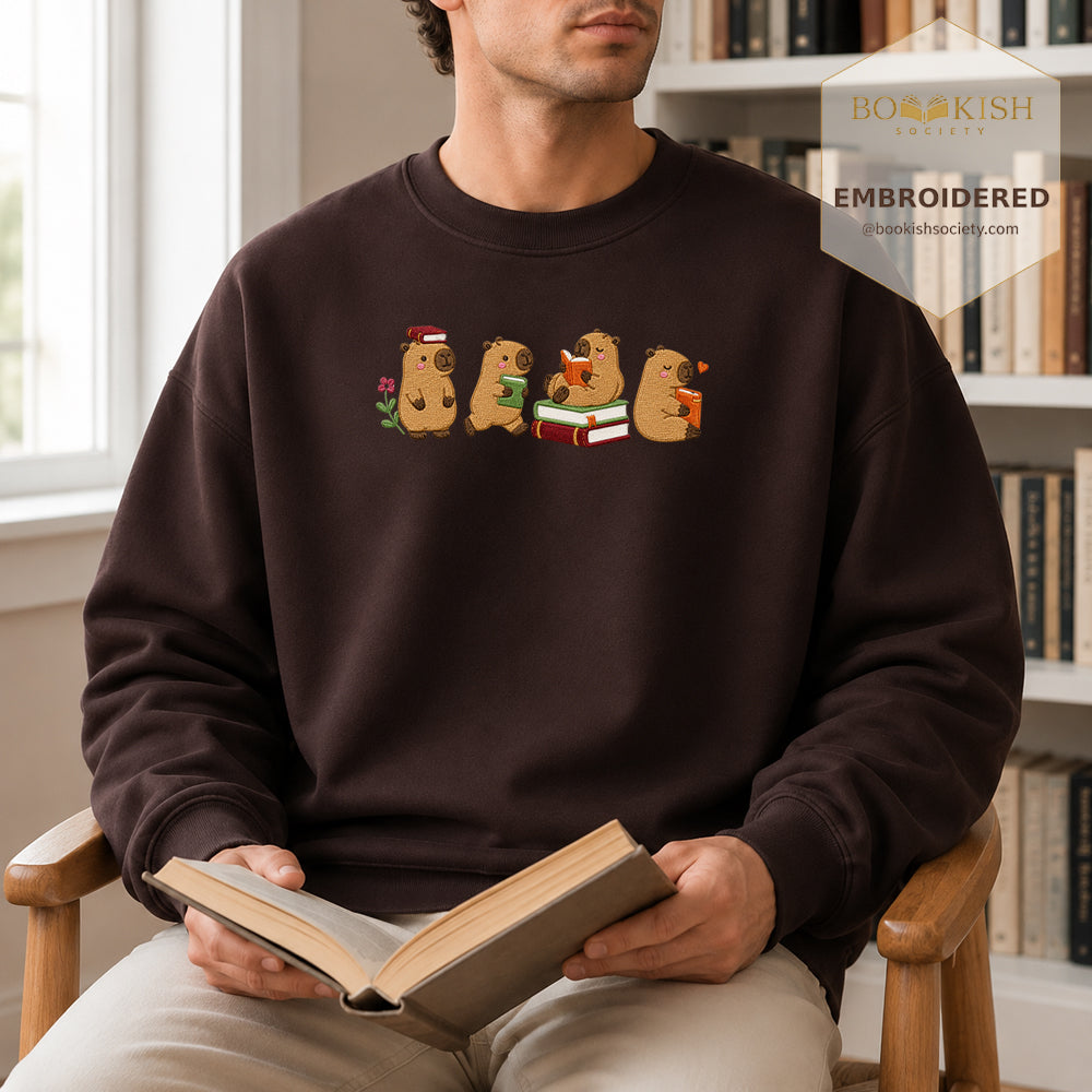 Reading Capybaras Embroidered Sweatshirt | Reader Gift Dark Chocolate
