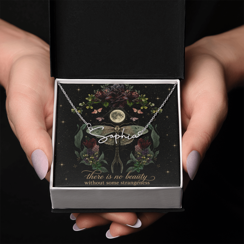 Night Garden With Lunar Moth Custom Name Polished Stainless Steel Necklace With Decorative Card And Box Book Lover Gift Font 2