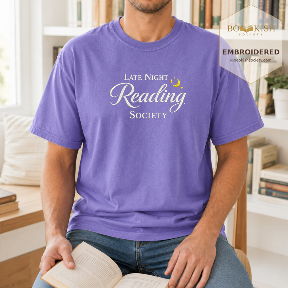 Late Night Reading Society Embroidered Comfort Color® T-shirt | Book Lover Gift Violet