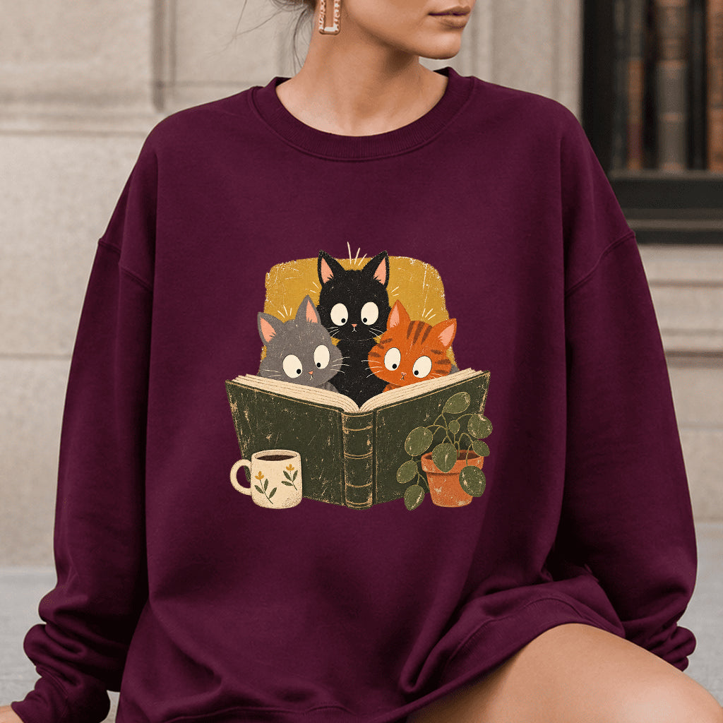 Minimal Japanese Cats Reading Crewneck Sweatshirt | Reader Gift Maroon