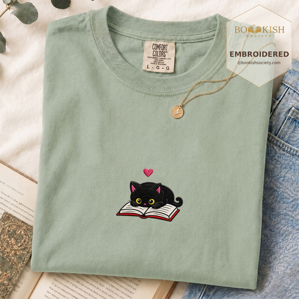 Embroidered Black Cat and Book Comfort Color® T-shirt Book Lover Gift Bay