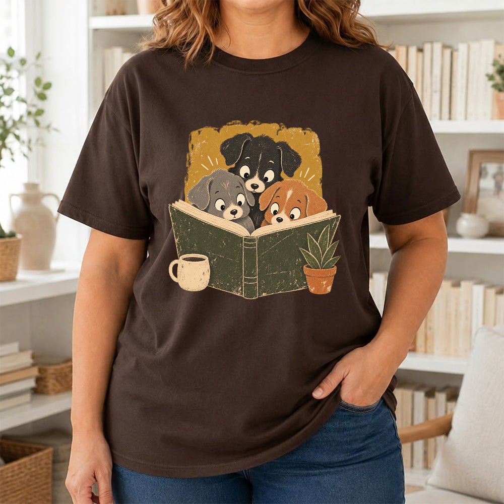 Minimal Japanese Dogs Reading Softstyle T-Shirt | Book Lover Gift Dark Chocolate