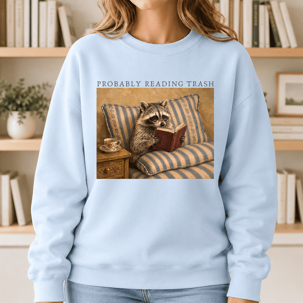 Probably Reading Trash Racoon Crewneck Sweatshirt | Reader Gift Light Blue
