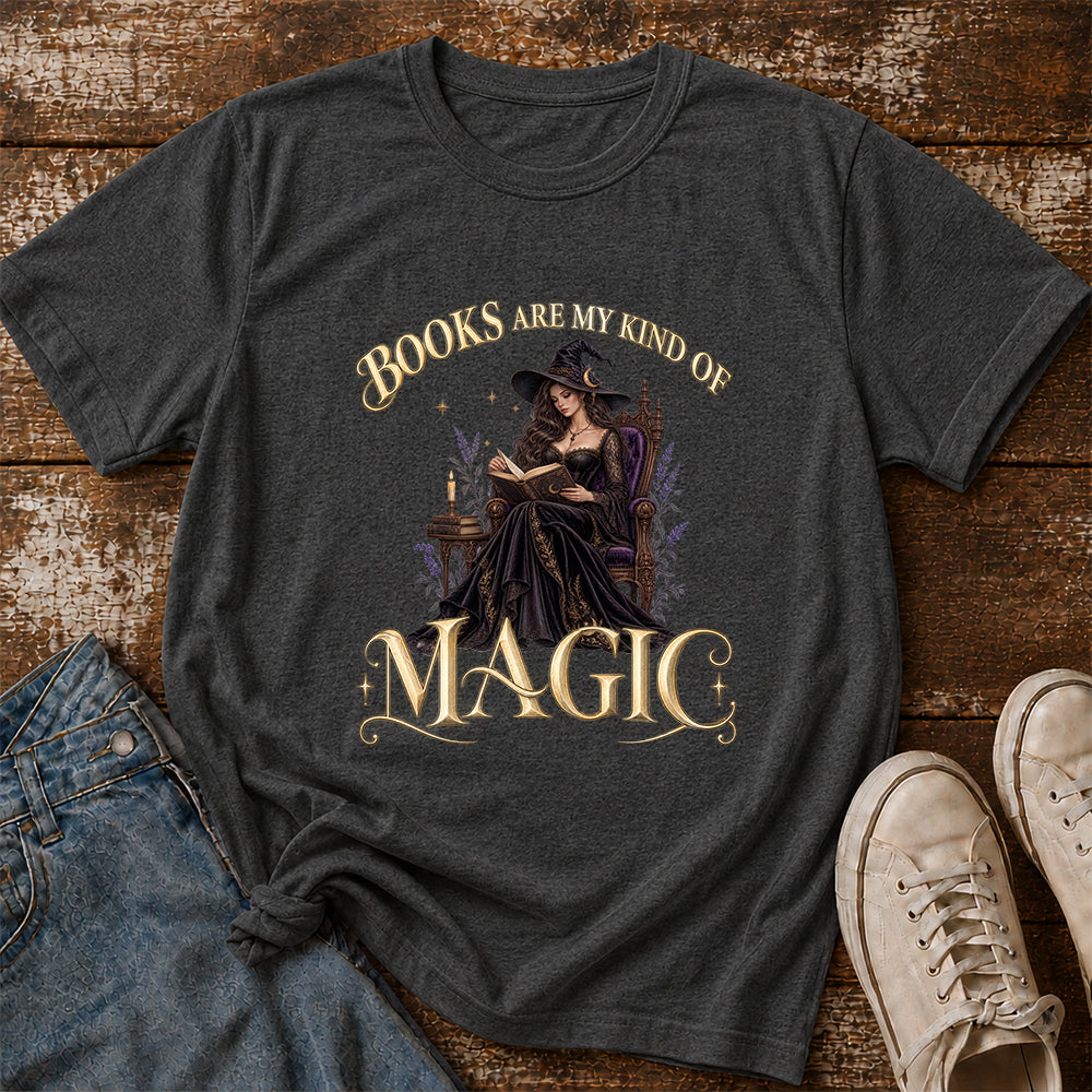 Books Are My Kind Of Magic Printed T-Shirt | Halloween Feminine Magic Reader Gift Dark Heather
