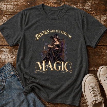 Books Are My Kind Of Magic Printed T-Shirt | Halloween Feminine Magic Reader Gift Dark Heather