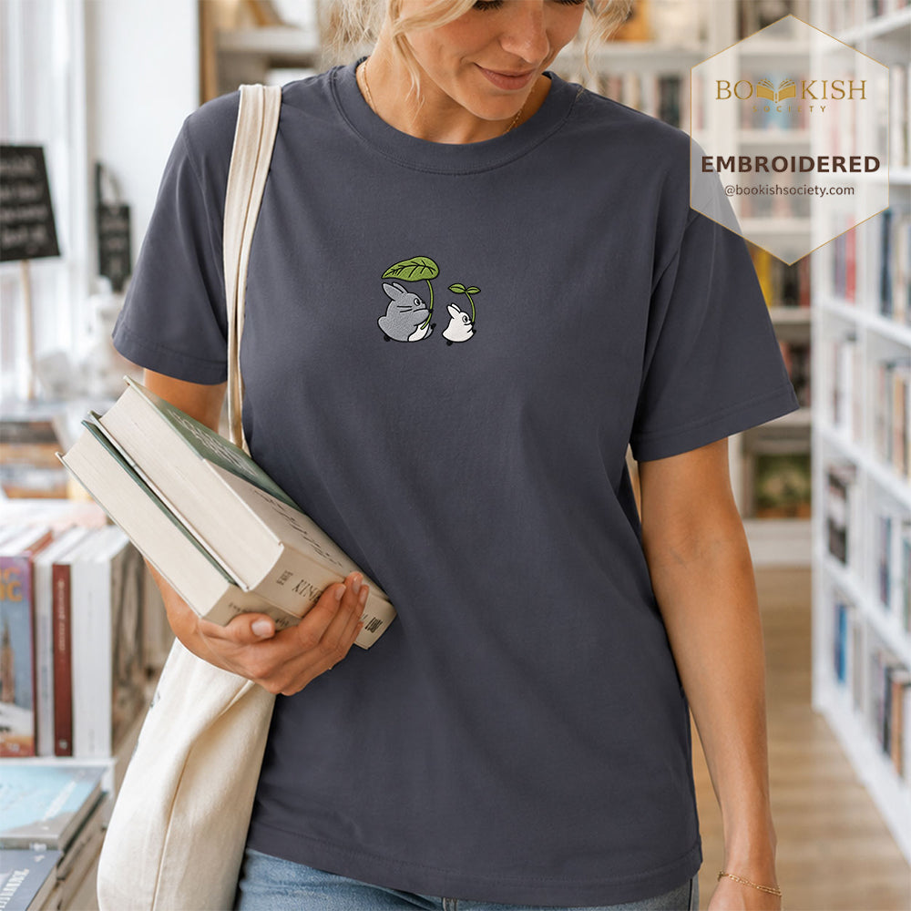 Embroidered Forest Spirits and Flowers Comfort Color® T-shirt Book Lover Gift Navy